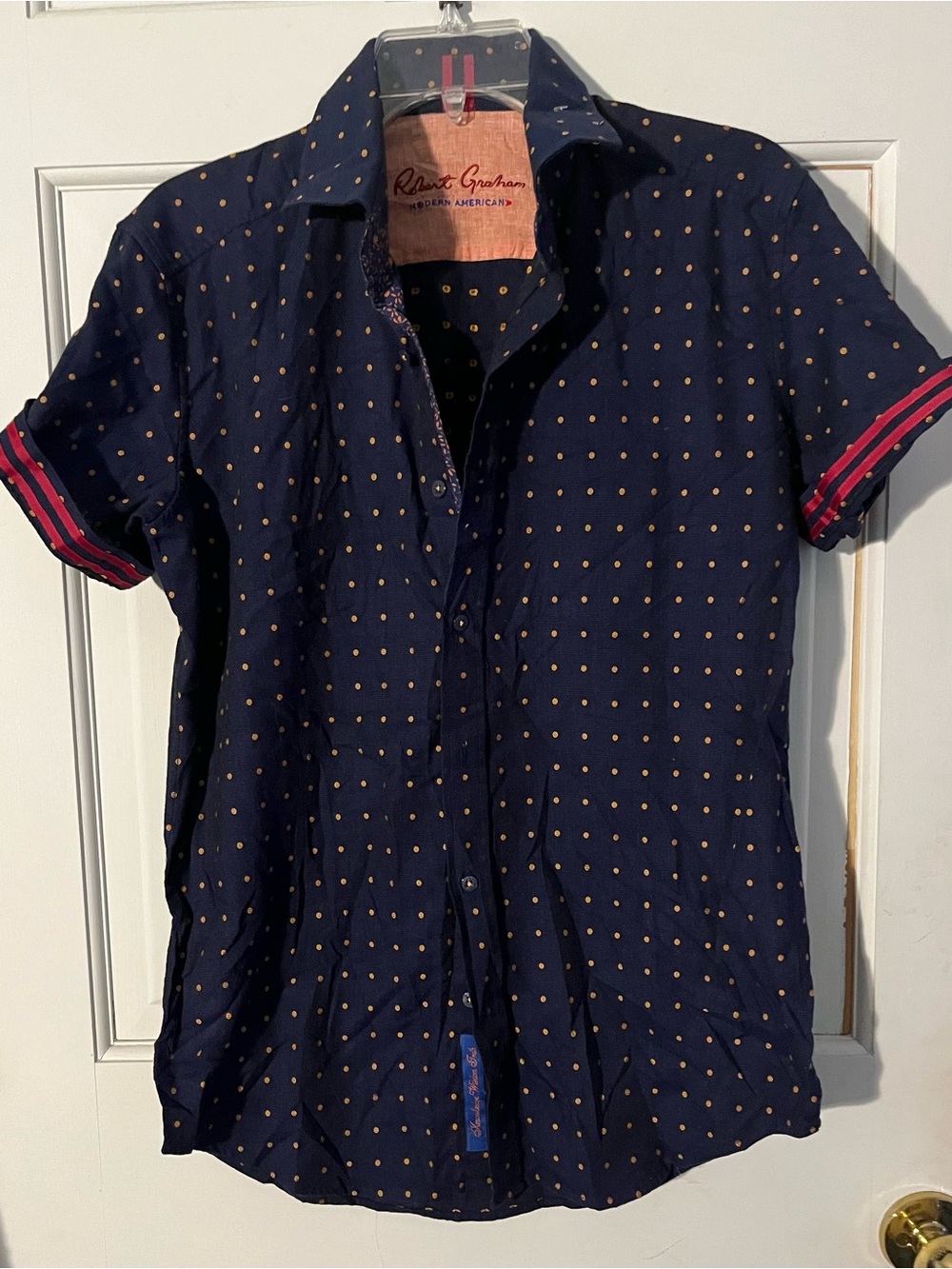 Robert Graham Tailored Modern Americana Navy Polka Dot Short-Sleeve Shirt Size S